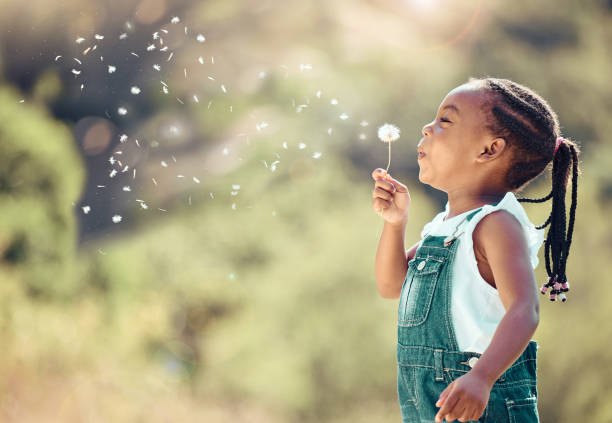Child blowing dandelion seeds outdoors during allergy season