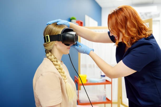 Patient undergoing videonystagmography (VNG) balance testing